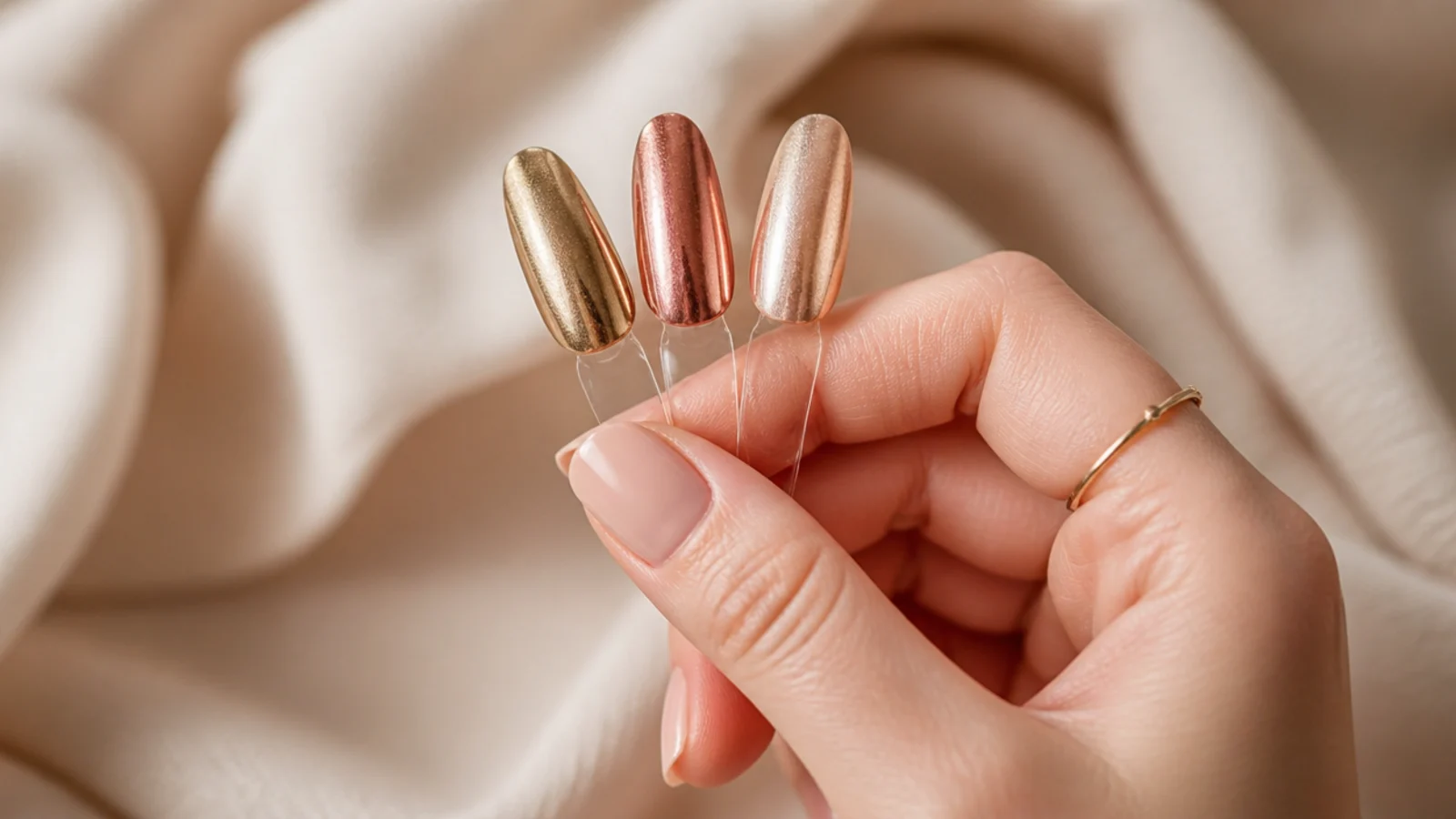 Three nail swatches compared showing warm gold rose gold and champagne chrome finishes
