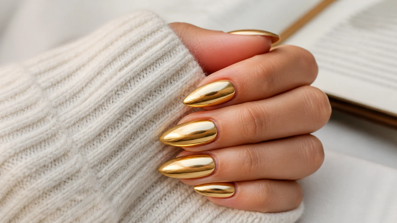 Medium almond gold chrome nails with a warm mirror finish reflecting warm light