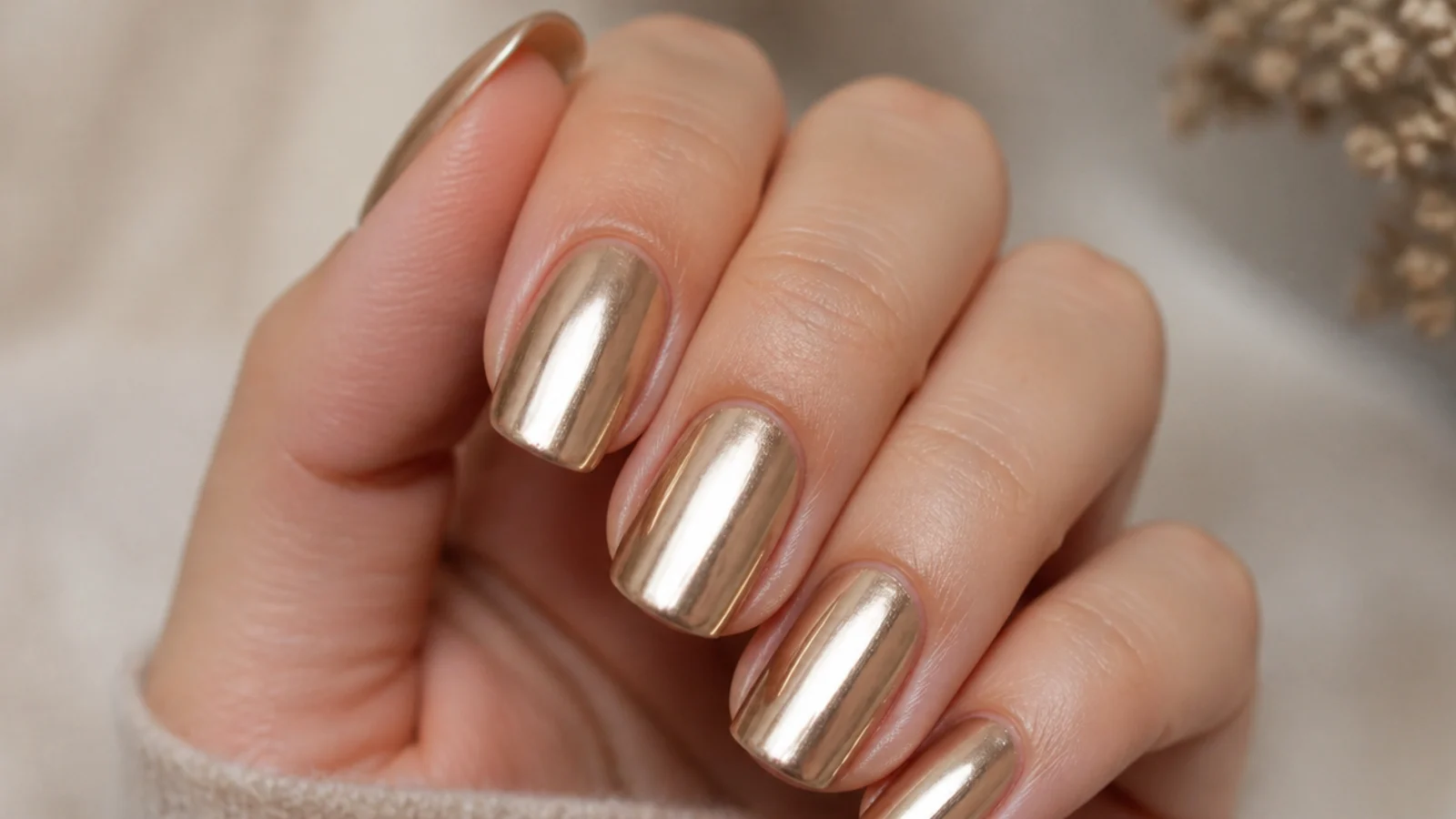 Close-up of a gold chrome nail at two weeks showing slight dulling along the free edge
