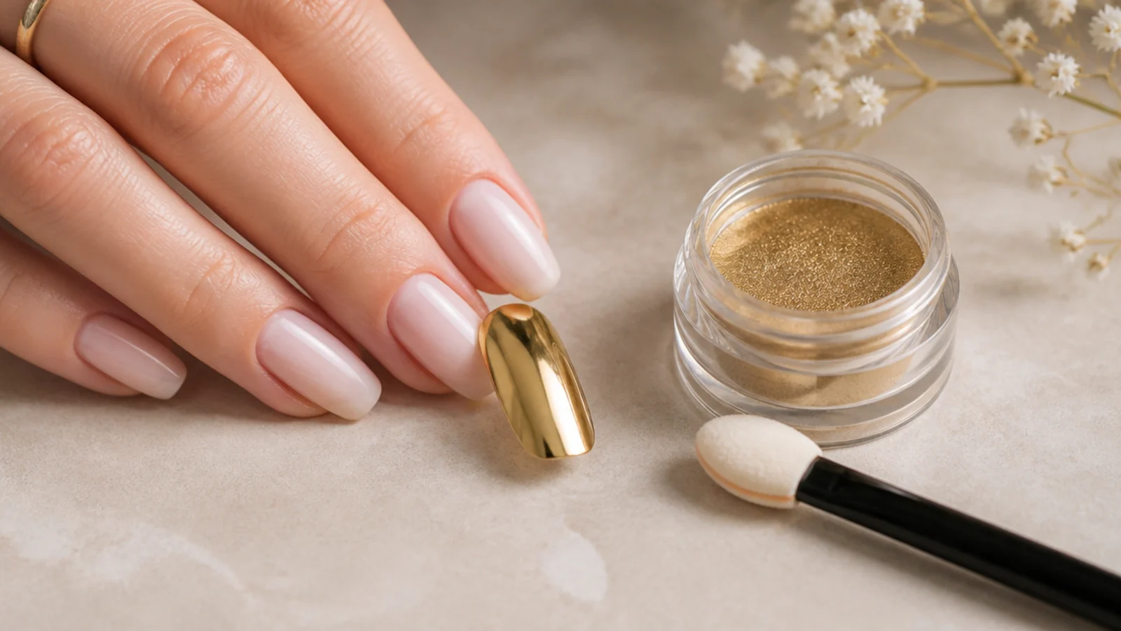 Jar of fine gold chrome powder beside a silicone applicator and a cured gel nail tip