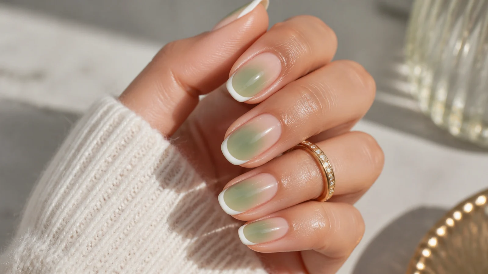 Sage green aura French tip nails with a crisp white smile line over a glowing green center
