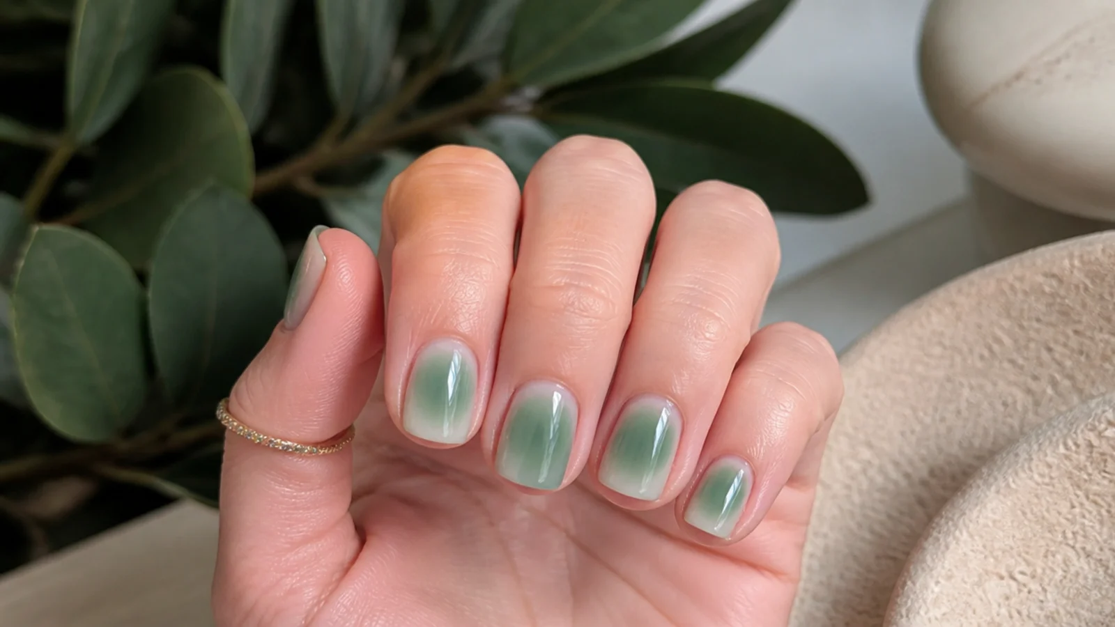 Short square sage green aura nails with a compact green halo on a natural nail length