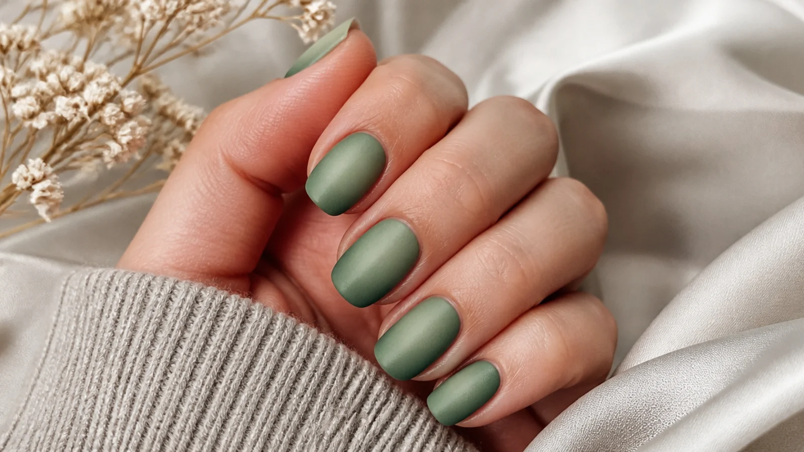 Matte sage green aura nails with a velvety soft green glow and no shine on the surface