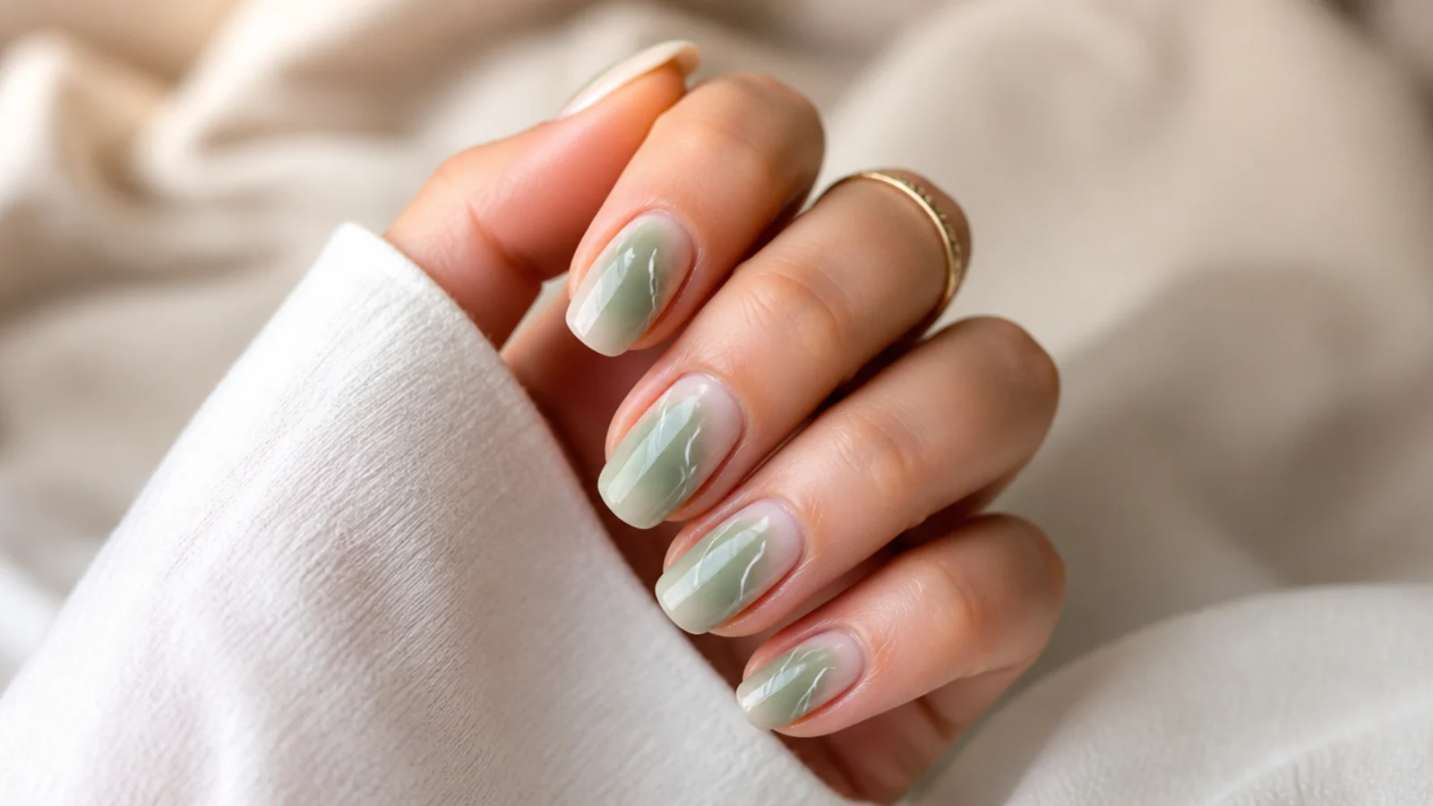 Sage green aura nails with fine white painted swirls curving across the diffused green center