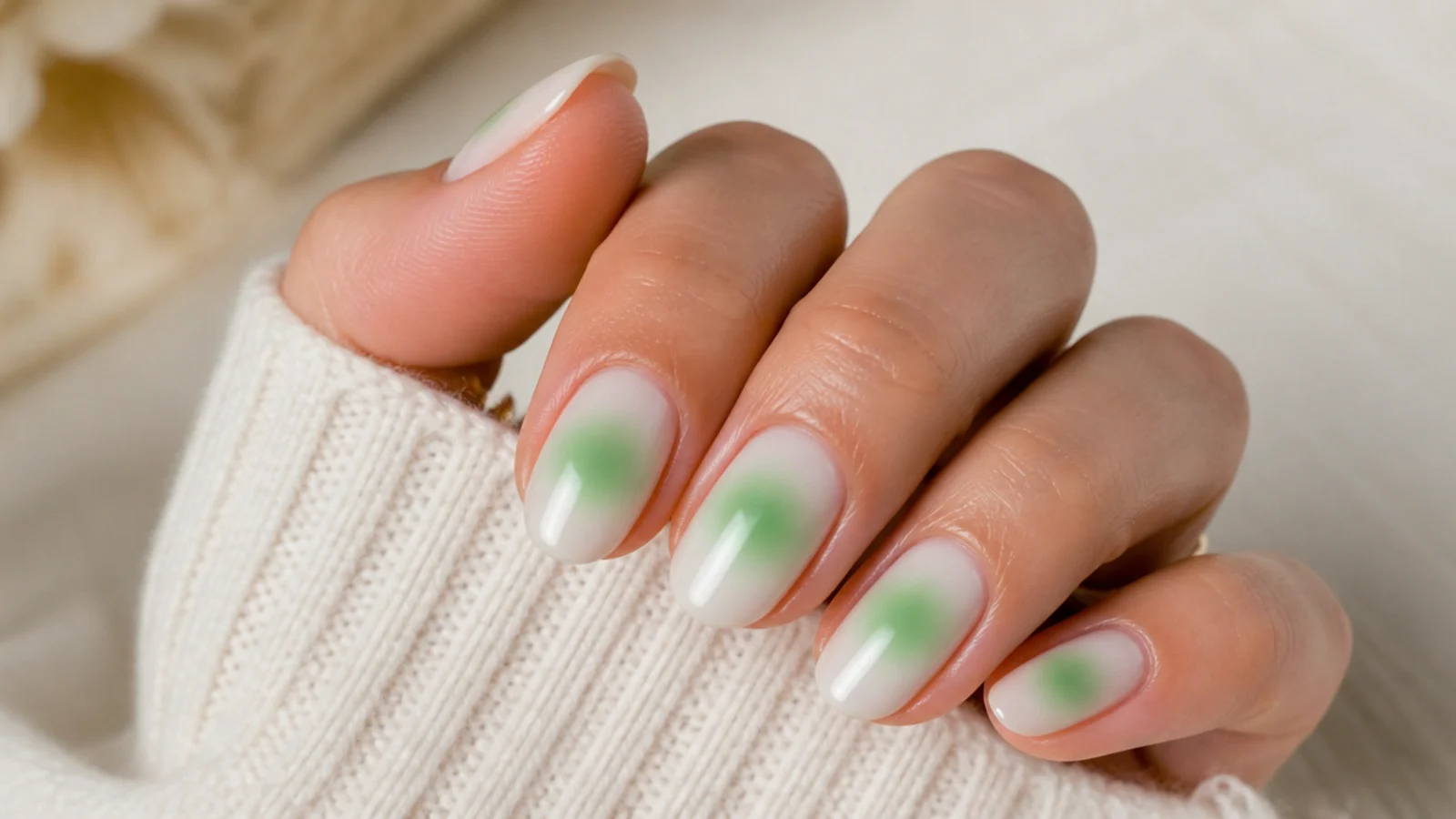 Mint green aura nails with a bright pastel green halo centered on a milky white base