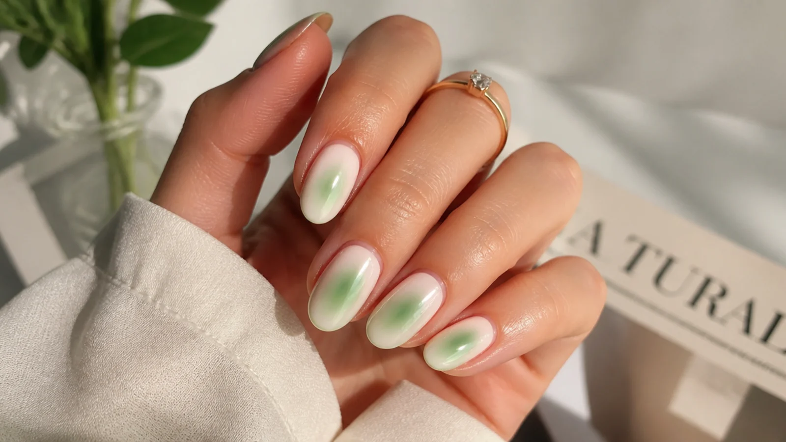 Mint green aura nails with a pearly chrome glaze over the blended green center