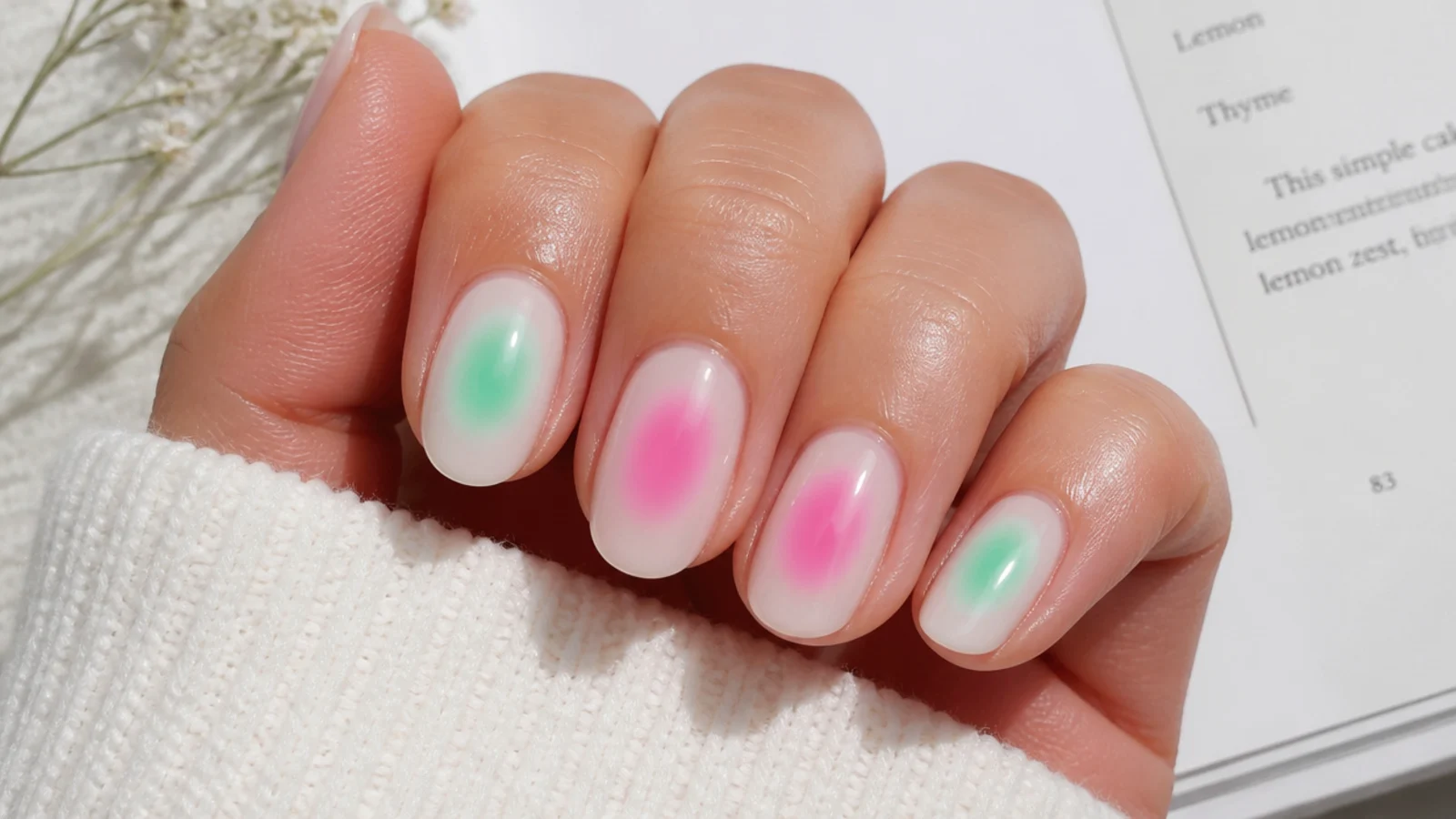 Alternating mint green and bubblegum pink aura nails across one hand on a milky base