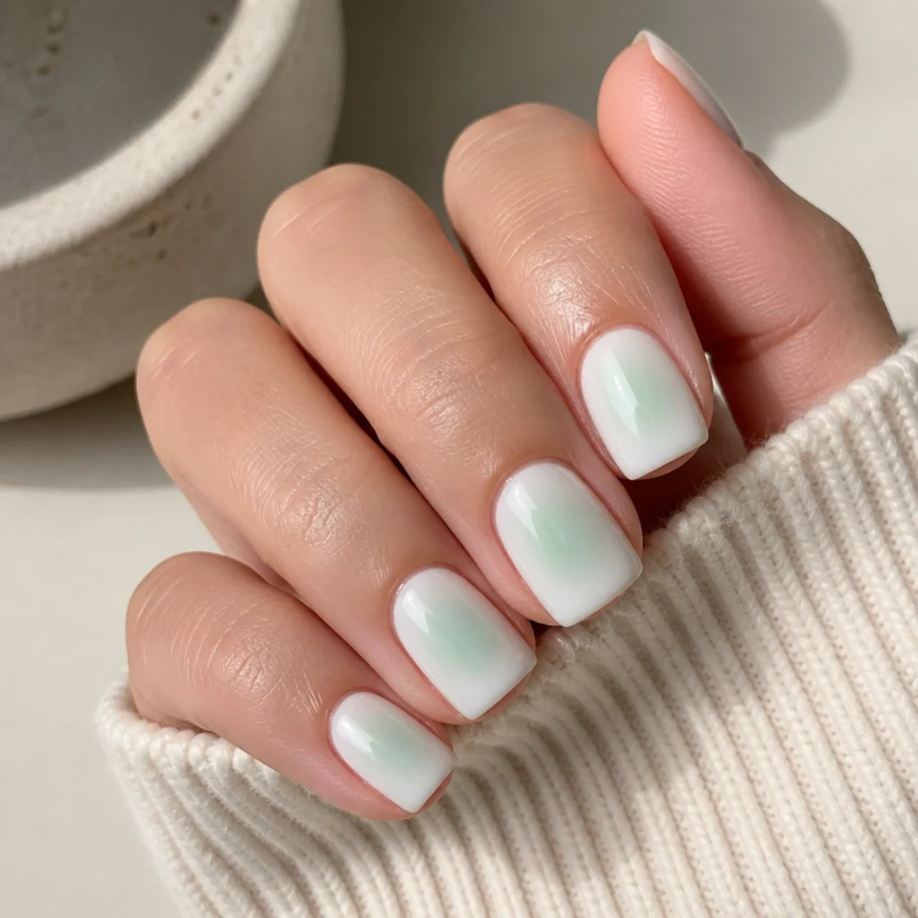 Short square nails with a milky mint aura glow diffused across a flat squared tip