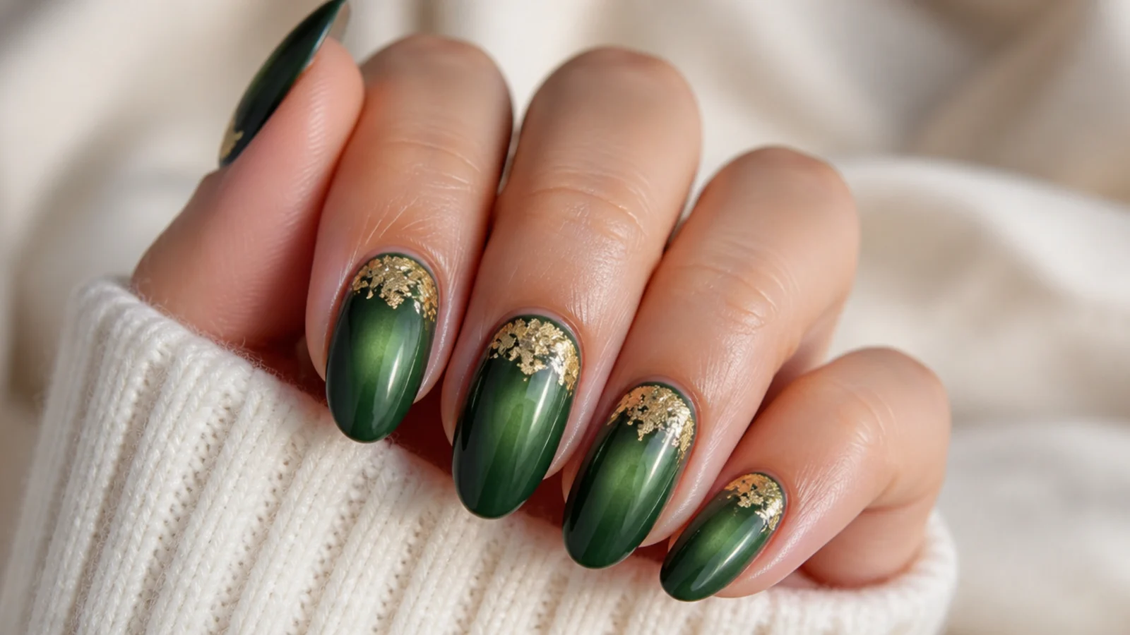 Emerald green aura nails with torn gold leaf flakes set near the cuticle over a green glow
