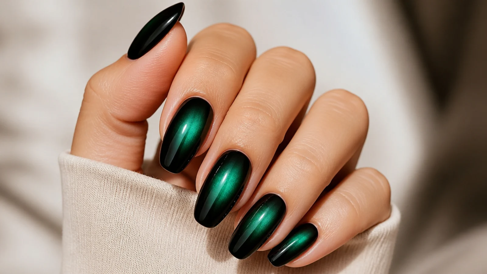 Black nails with an emerald green aura glowing from the center like light through dark glass