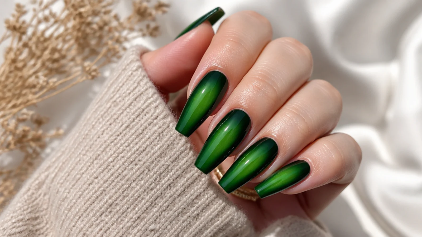 Long emerald green aura coffin nails with a wide flat tip and centered green glow