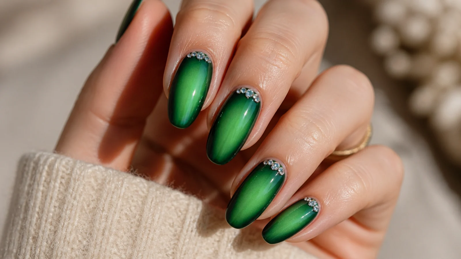 Emerald green aura nails with a small cluster of clear crystals set at the cuticle line
