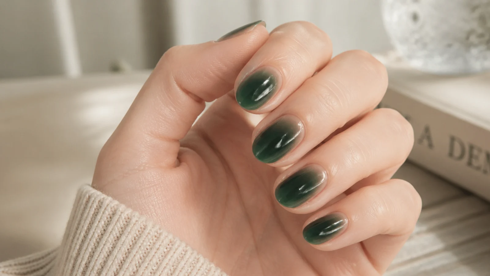 Deep forest green aura nails with a dark centered glow fading toward bare sidewalls