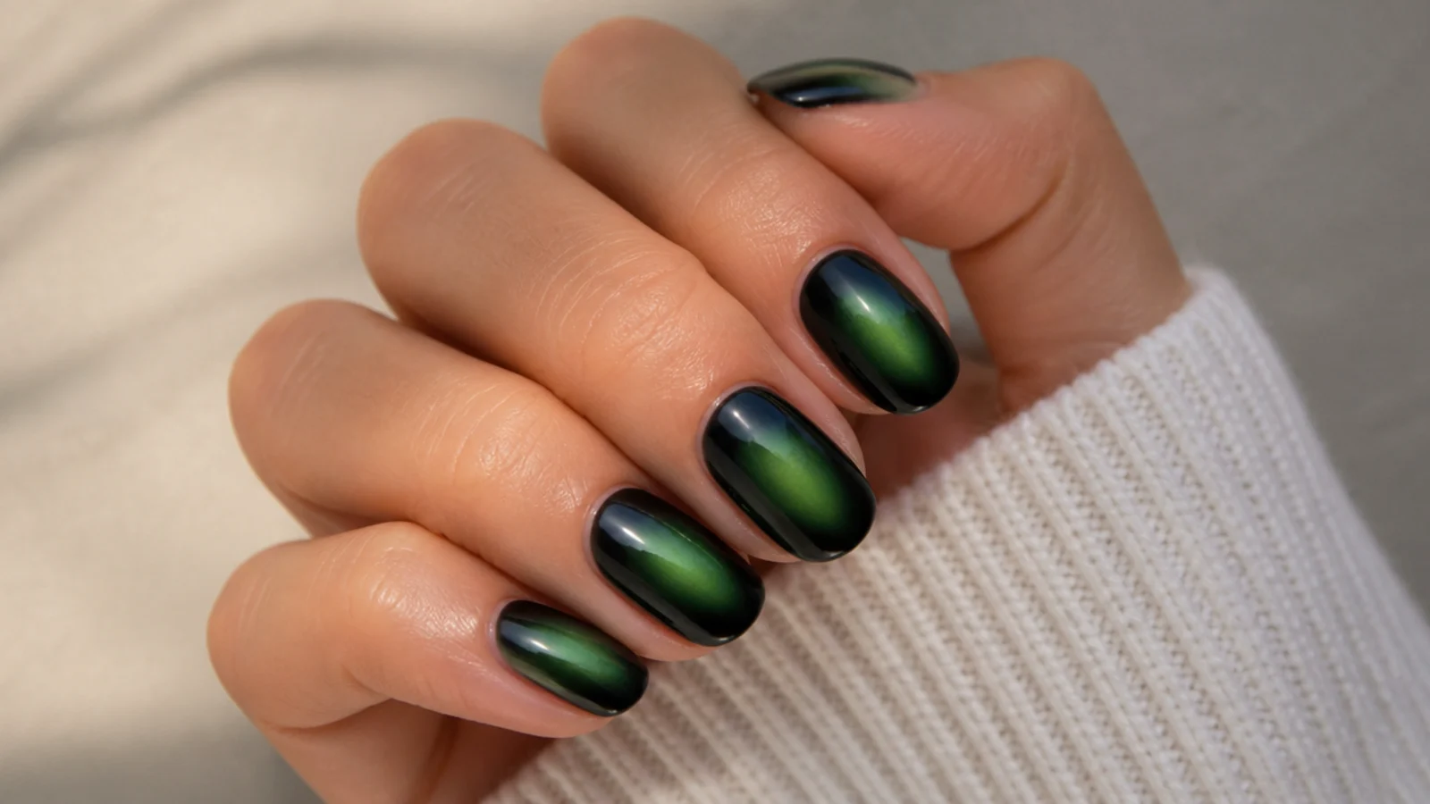 Dark green aura nails with a black outer ring fading inward toward a green glowing center