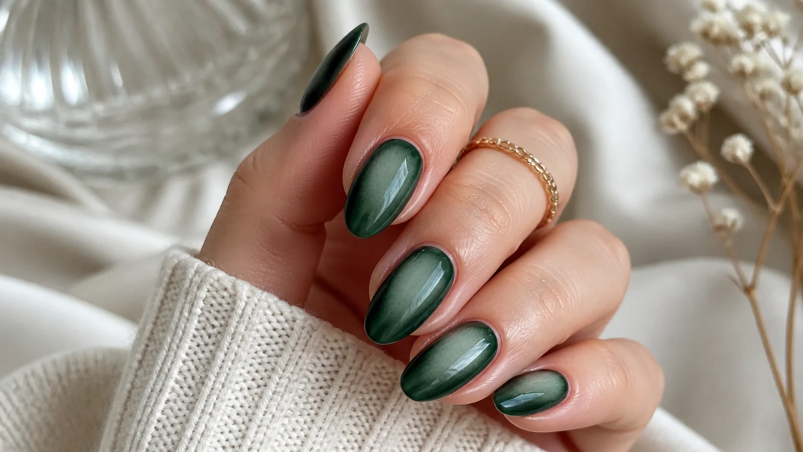 Almond shaped nails with a forest green aura glow narrowing toward a soft rounded point
