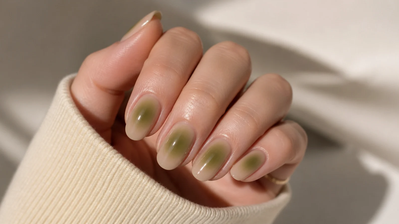 Olive green aura nails with a warm khaki green glow diffused over a beige nude base