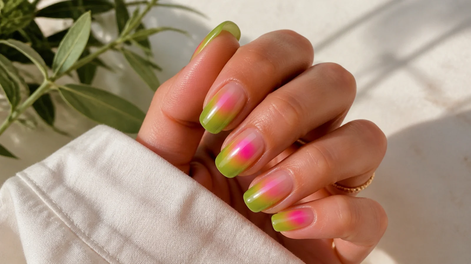 Translucent lime green nails with a hot pink aura glowing from the center of each nail