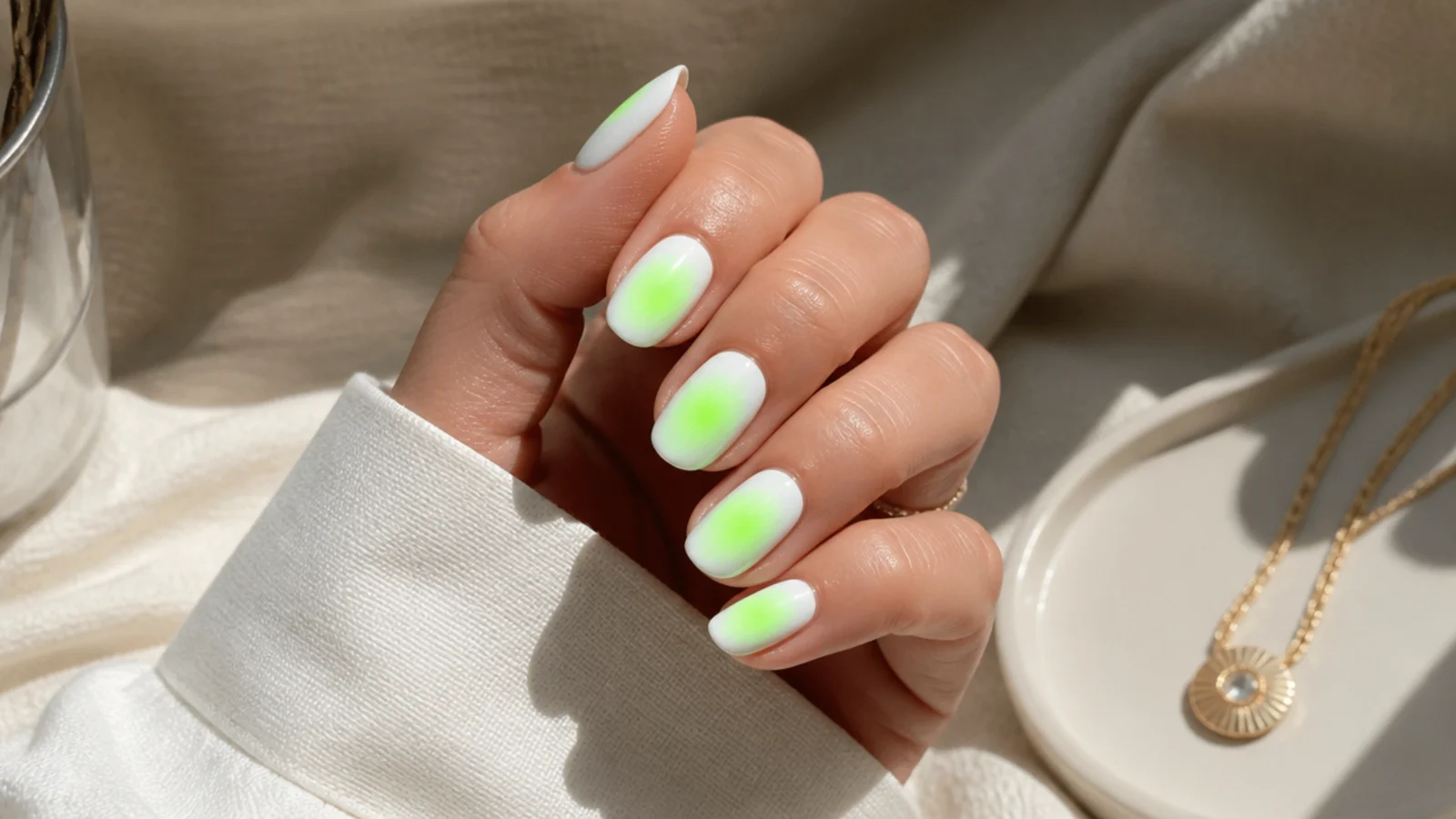 Neon green aura nails with an electric green glow blended over an opaque white base