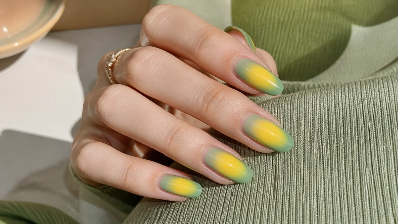 Green and yellow aura nails with a yellow core fading outward into a green halo
