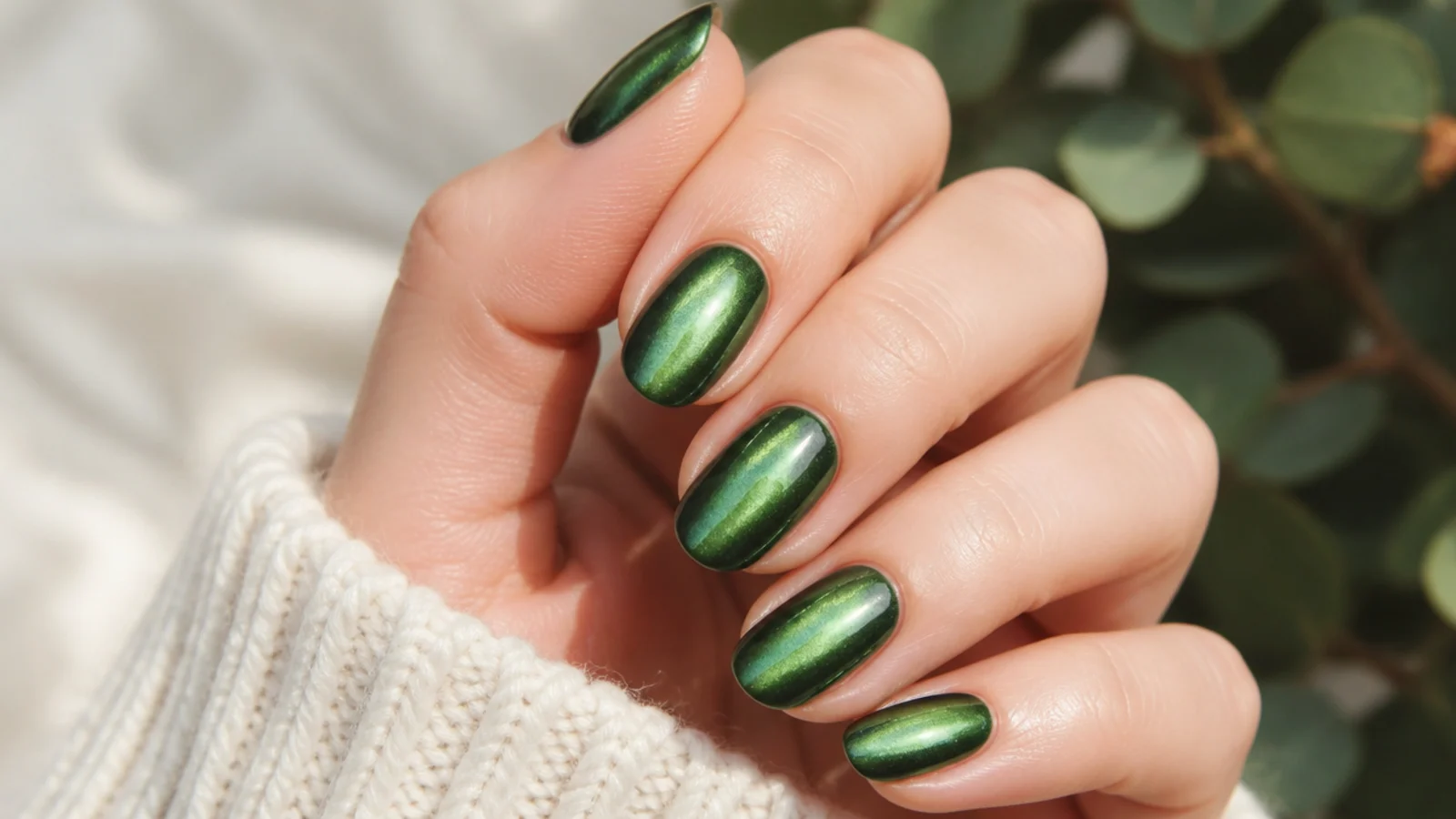 Green chrome aura nails with a metallic emerald shine shifting across a blended green glow