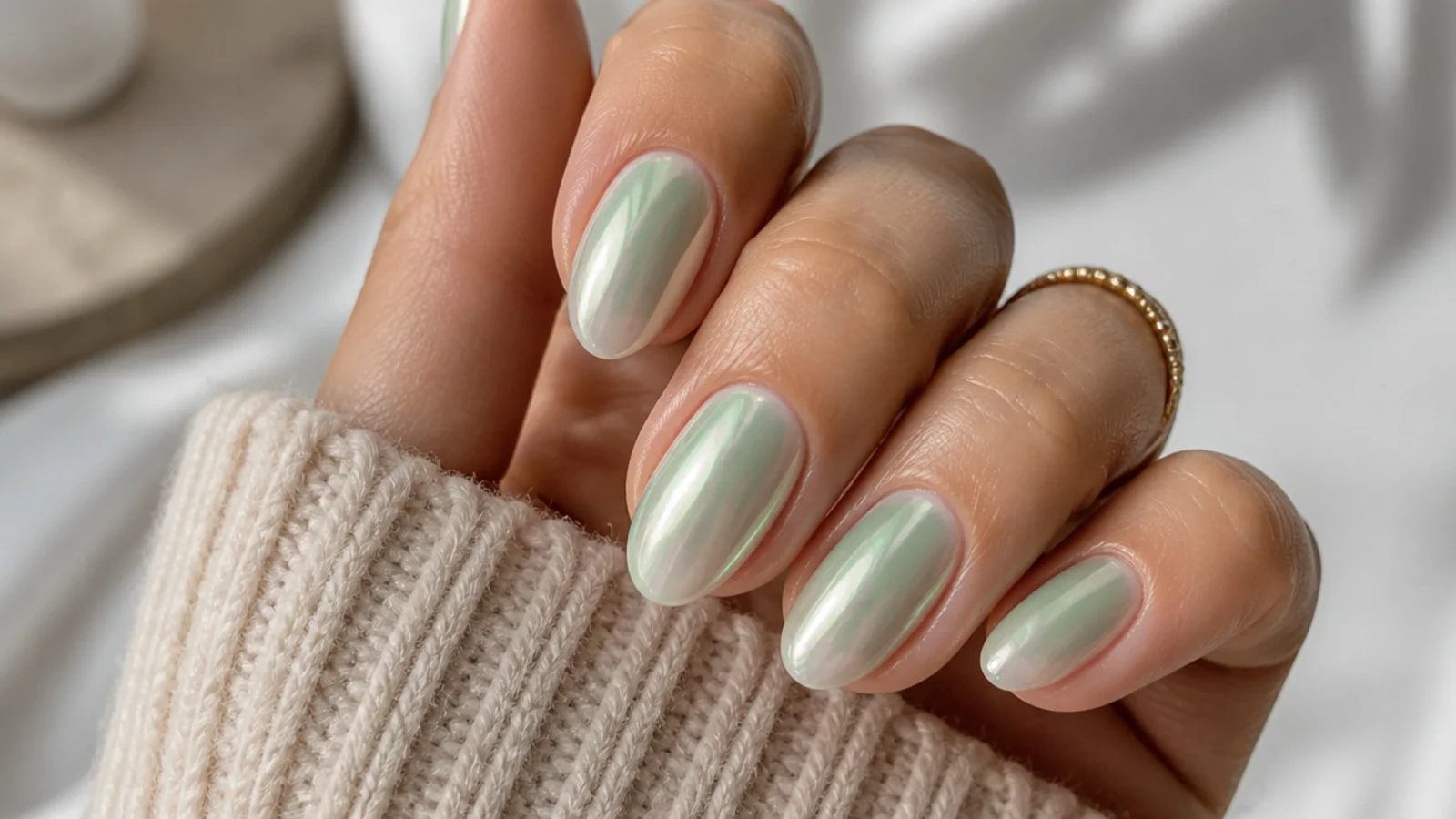 Glazed green aura nails with a pearly white sheen over a soft sage green center