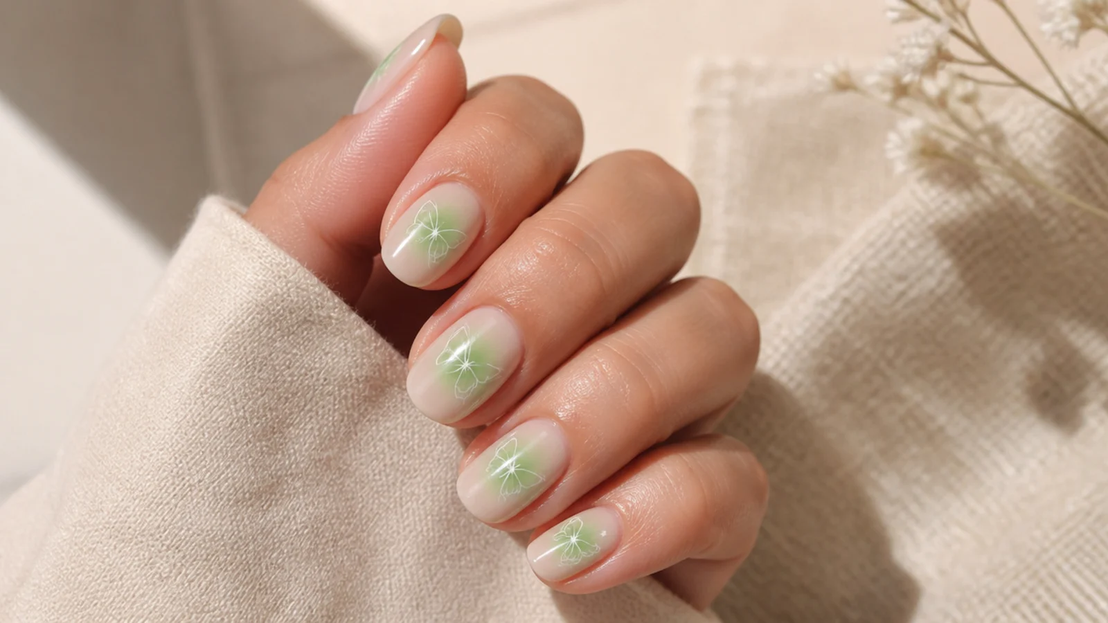 Green aura nails with tiny hand-painted white butterfly outlines over a mint green glow