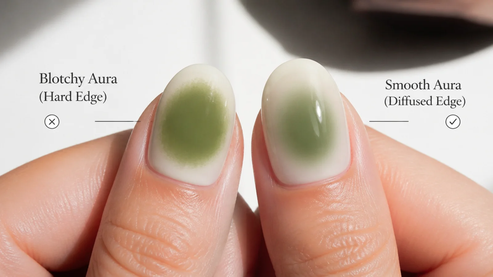 Two green aura nails compared, one blotchy with a hard edge and one smoothly diffused