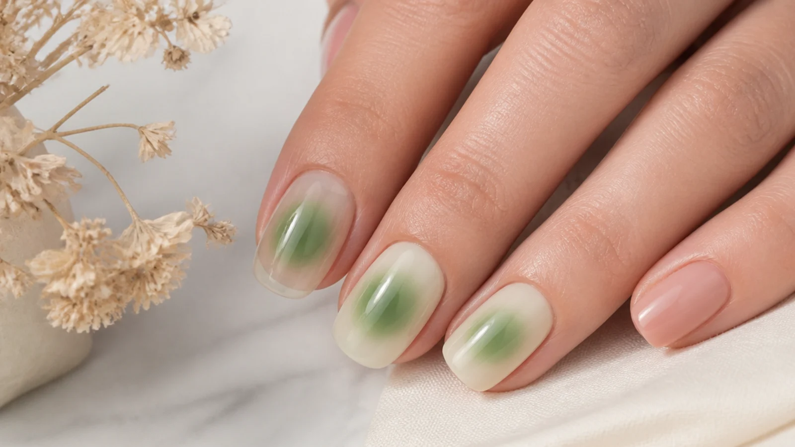 Two green aura nails compared showing the same green over a clear base and a milky nude base