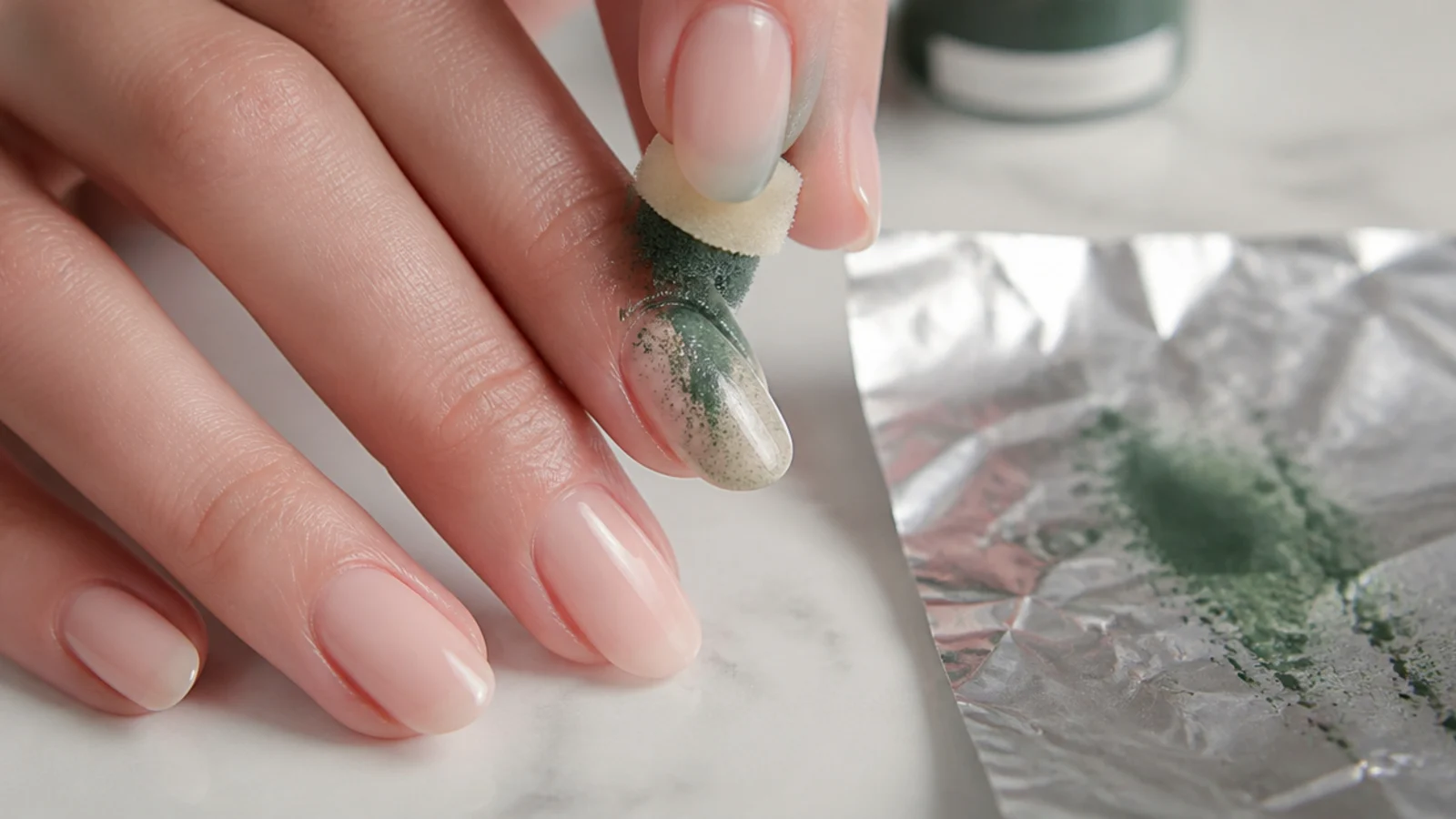 Makeup sponge dabbing green gel polish onto a nail beside foil with offloaded green pigment