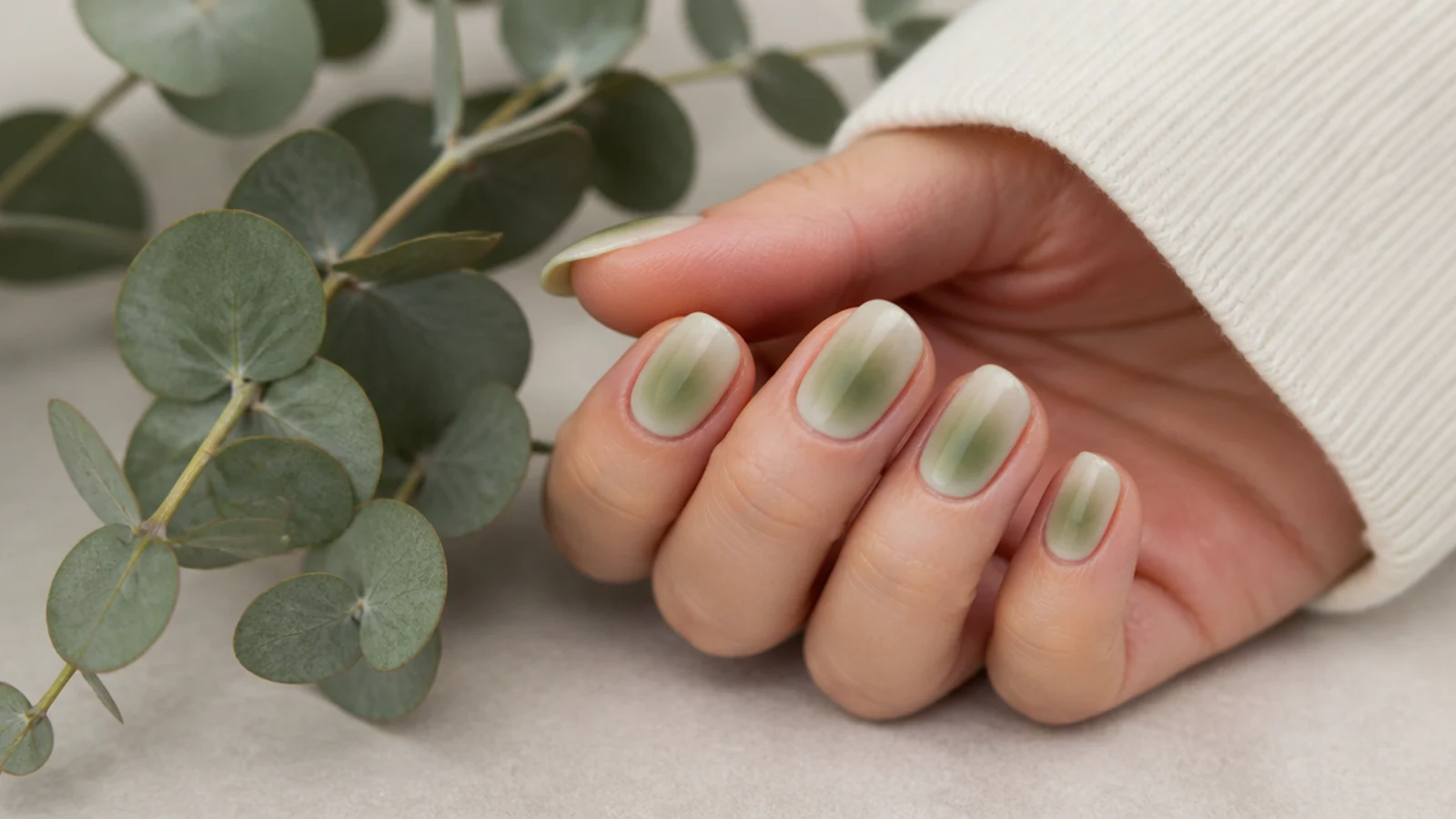 Soft green aura nails on a hand resting beside eucalyptus leaves on a neutral background