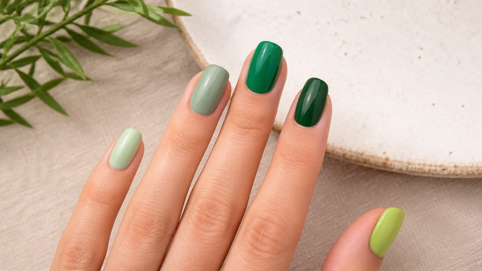 Five green nail swatches compared showing sage mint emerald forest and lime side by side