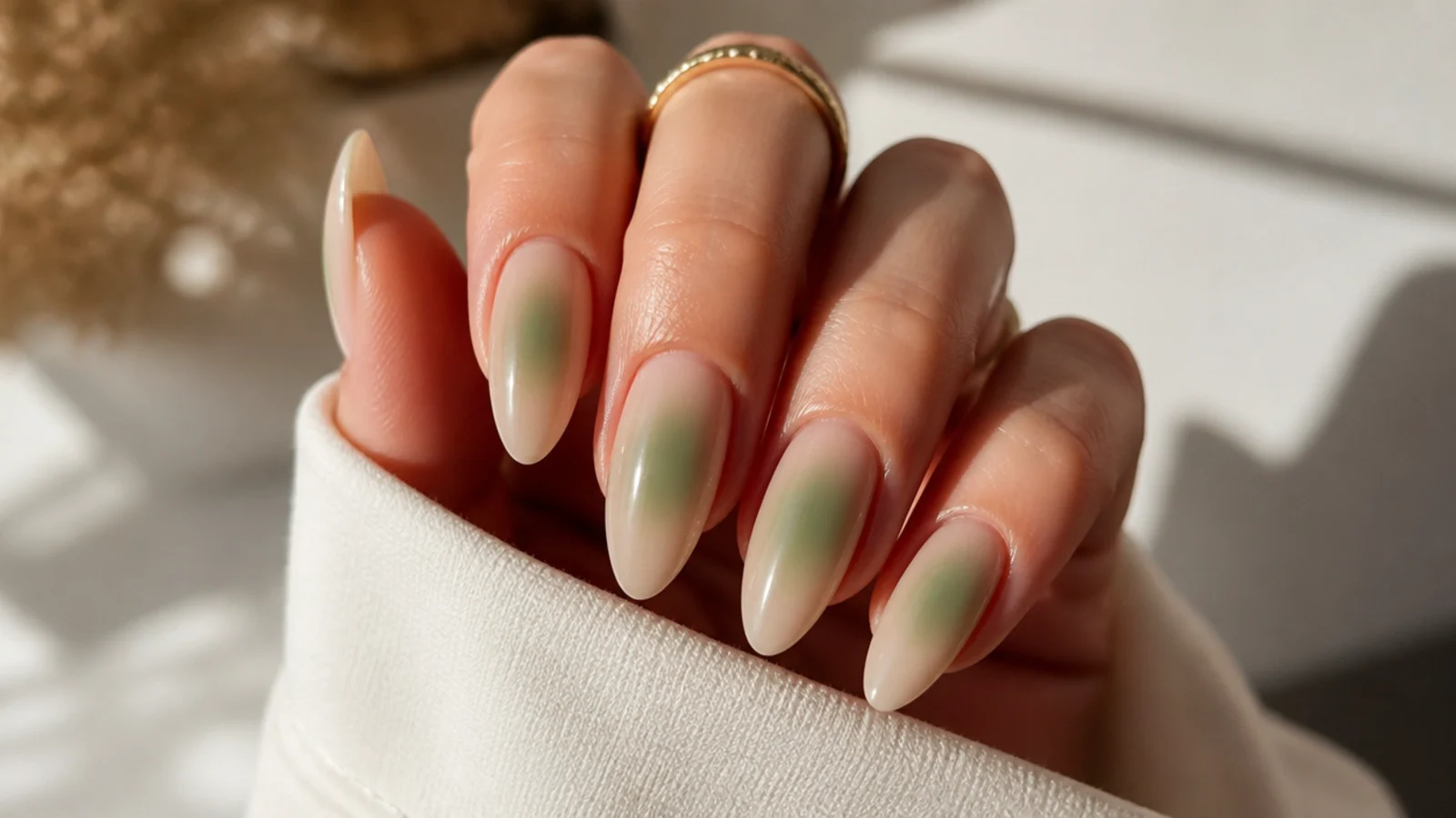 Almond green aura nails with a sage green halo glowing from the center of a sheer nude base