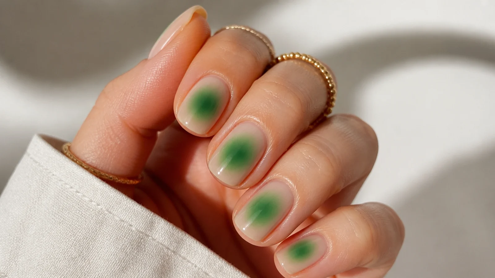 Close-up of a green aura nail showing color radiating outward from the center to bare edges