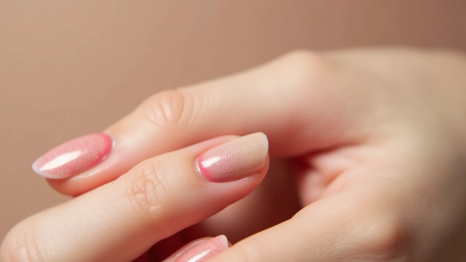 A makeup sponge dabbing a pink aura halo into the center of a sheer nude nail