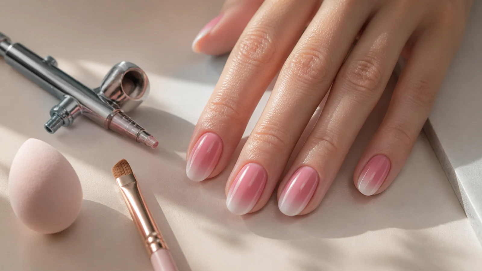 A makeup sponge, angled pigment brush and airbrush laid beside three finished aura nails
