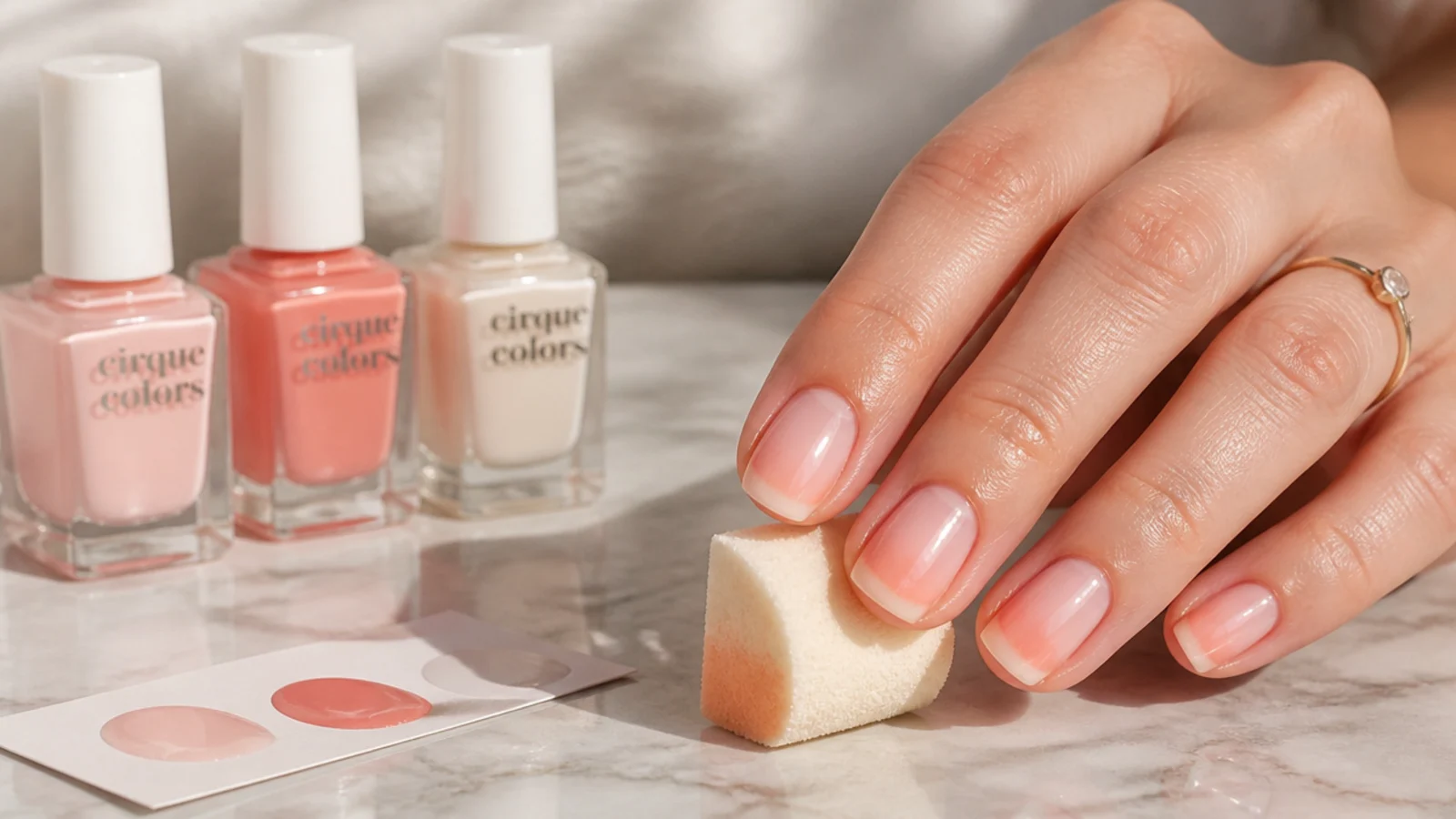 Regular nail polish bottles and a sponge blending a peach aura halo without a gel lamp