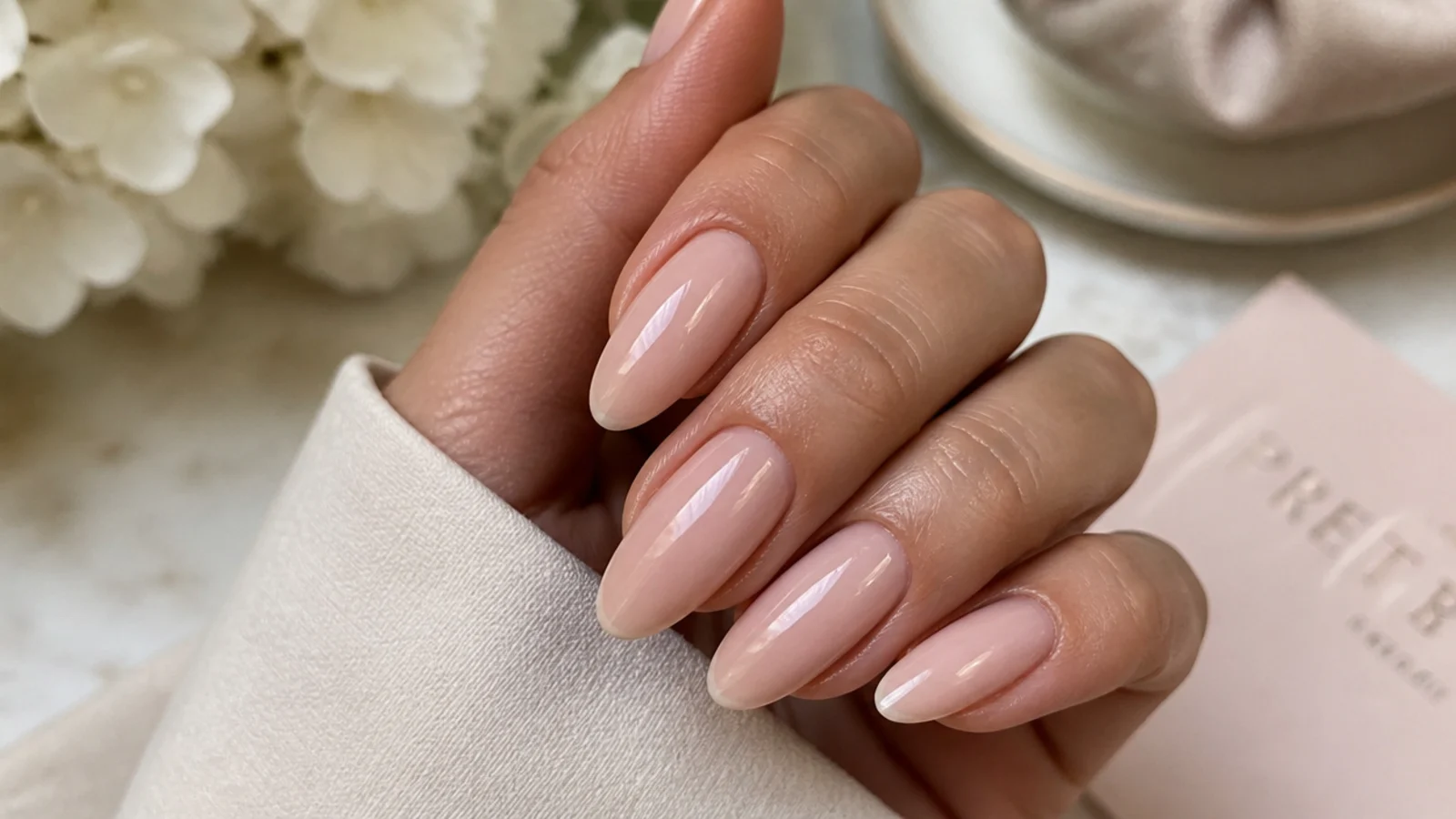 A thin sheer nude base coat brushed onto a filed almond nail before aura blending