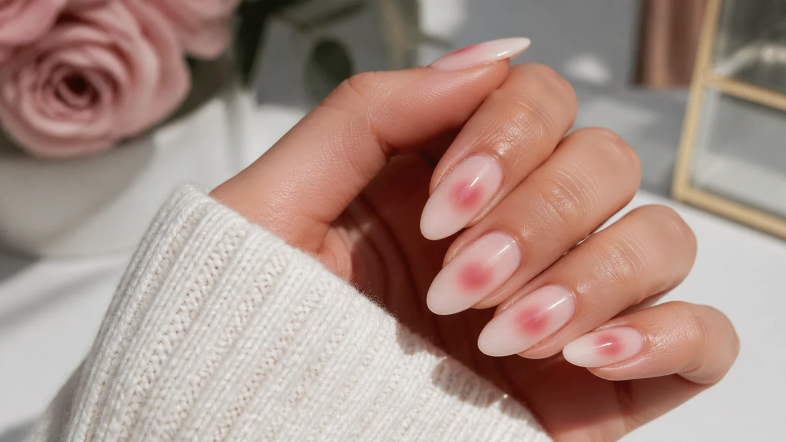Three nails showing an aura halo placed high, centered and low on a nude base
