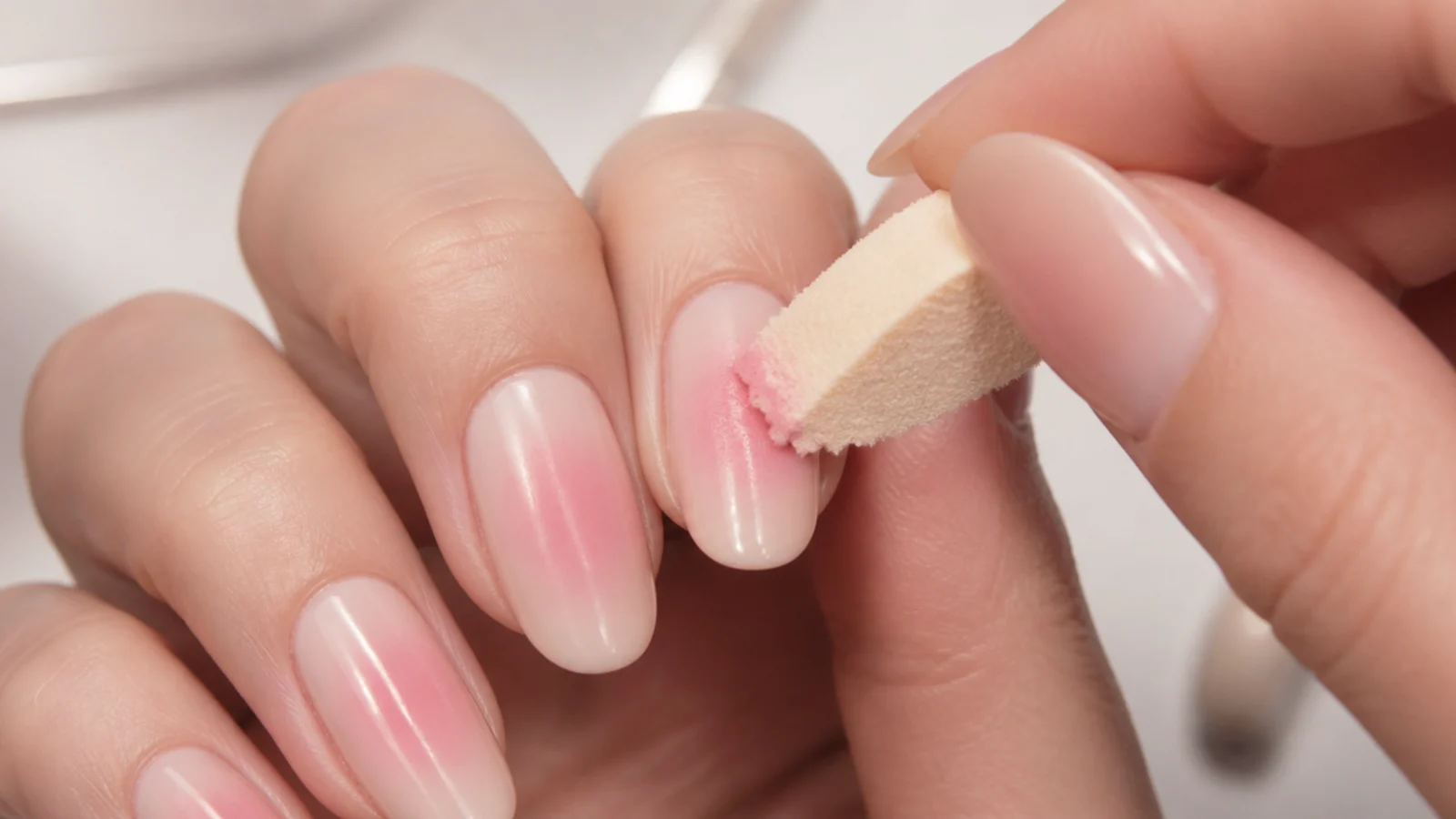 A torn makeup sponge tapping pink pigment into the center of a nude aura nail