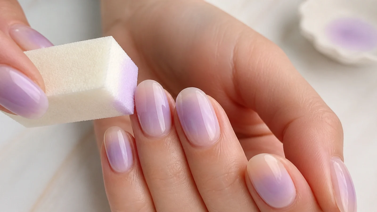 A clean sponge feathering the outer edge of a lilac aura halo into a sheer nude base