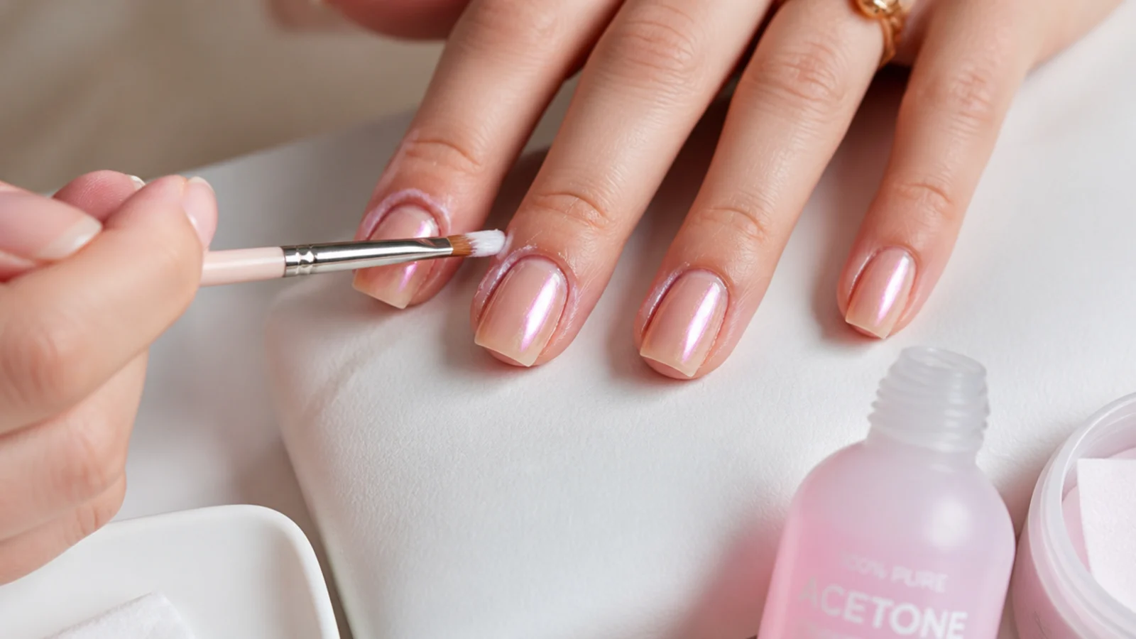A small angled brush dipped in acetone cleaning aura pigment off the cuticle line