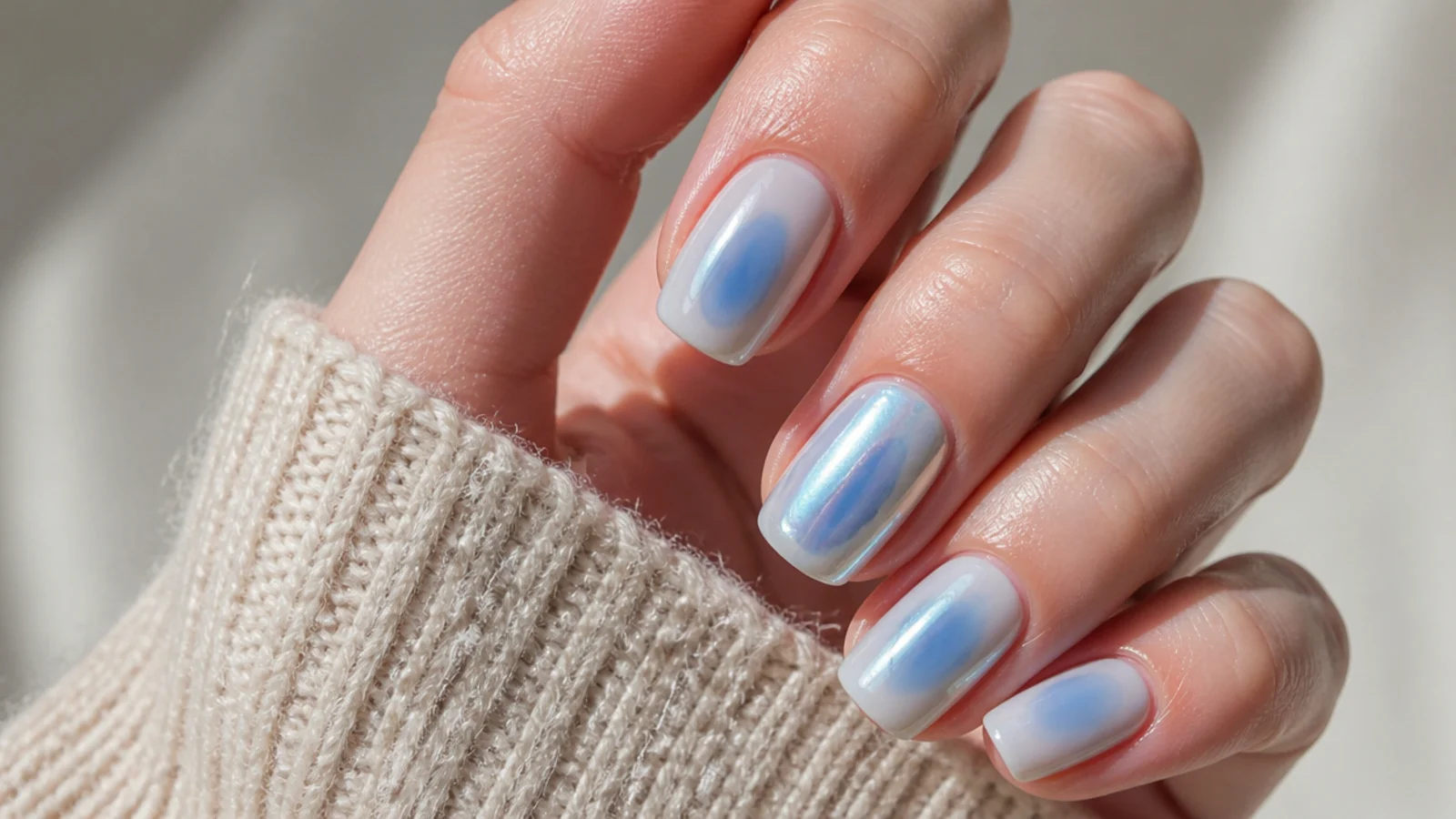 A glossy top coat sealing a blue aura nail beside a chrome-glazed version of the same design