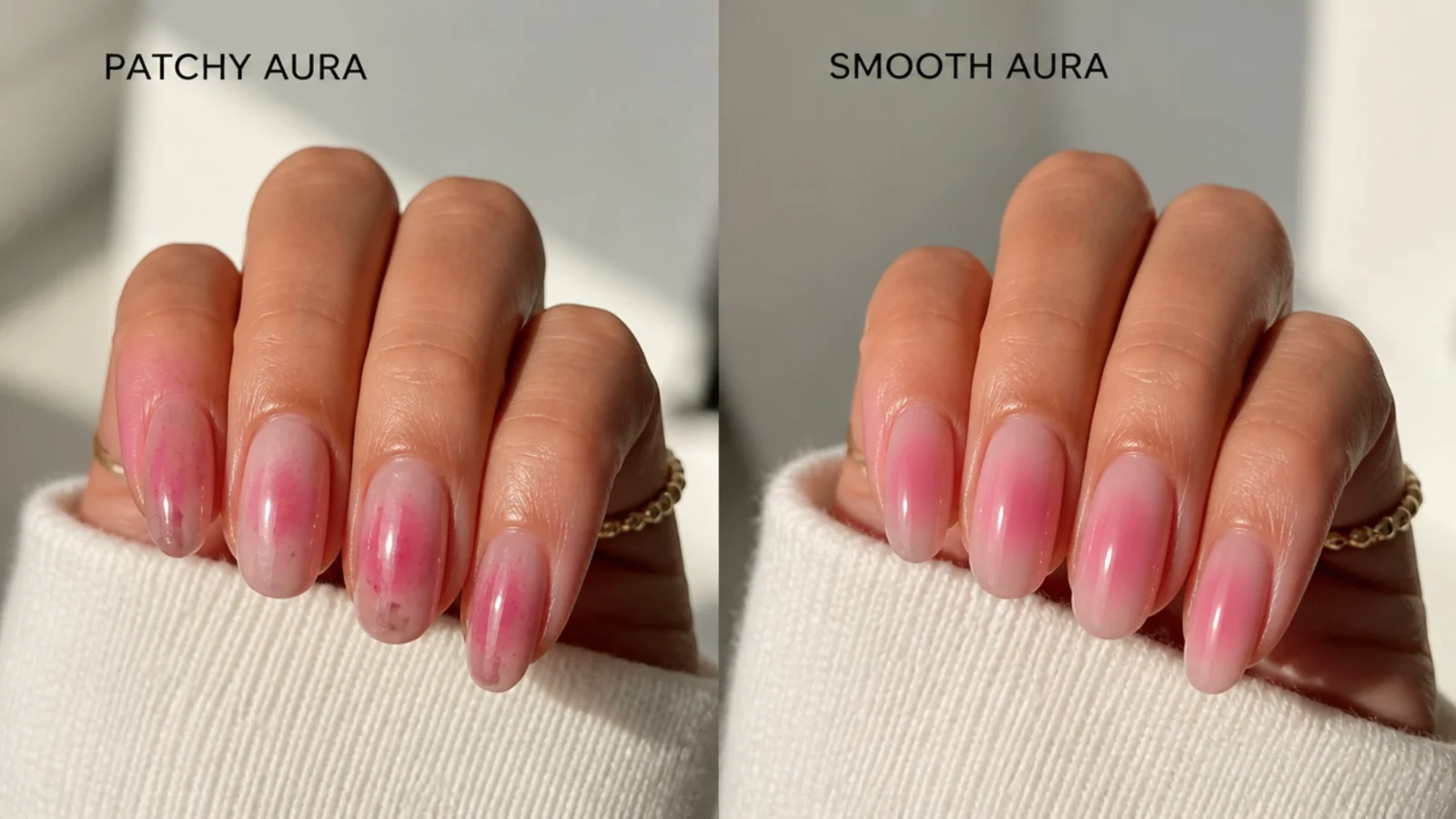 A patchy speckled aura nail shown beside a corrected smooth blended aura halo