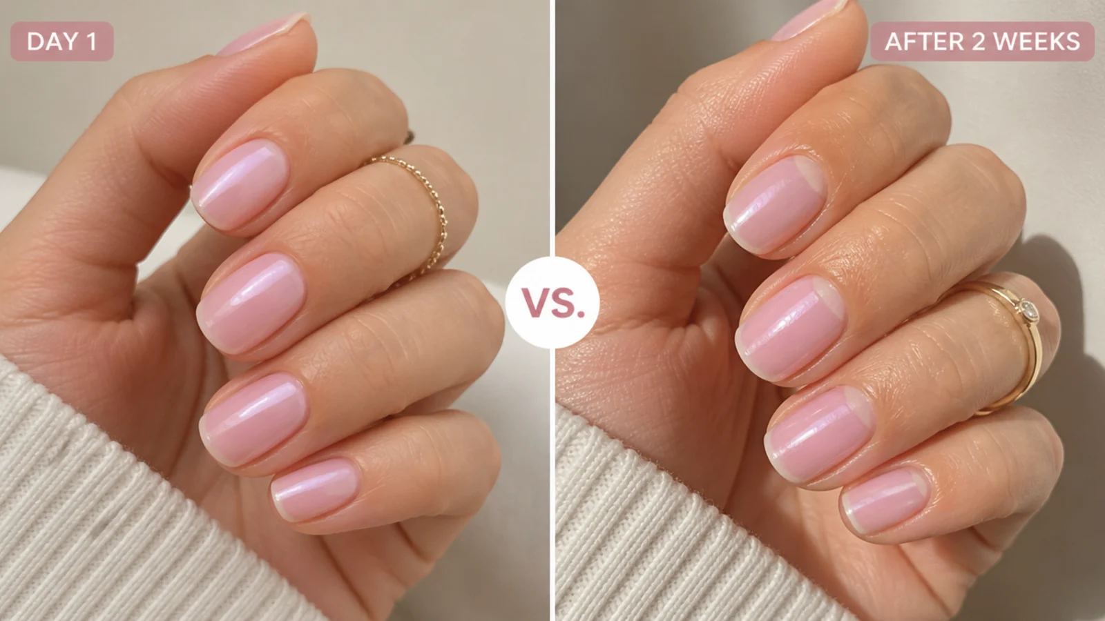 A gel aura manicure at day one beside the same nails after two weeks of wear