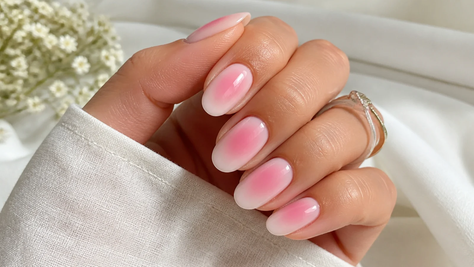 Bubblegum pink aura nails with a bright pink center fading into a milky white base