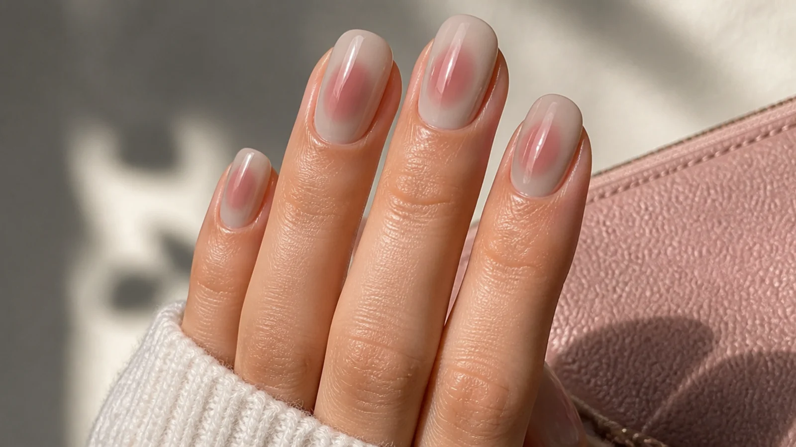 Dusty rose aura nails with a muted mauve pink halo over a warm greige base