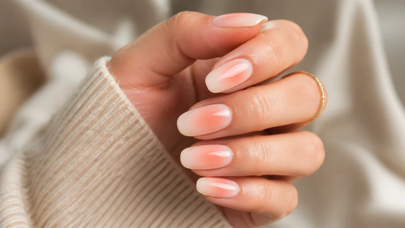 Peach pink aura nails with a warm coral center blended into a soft cream base
