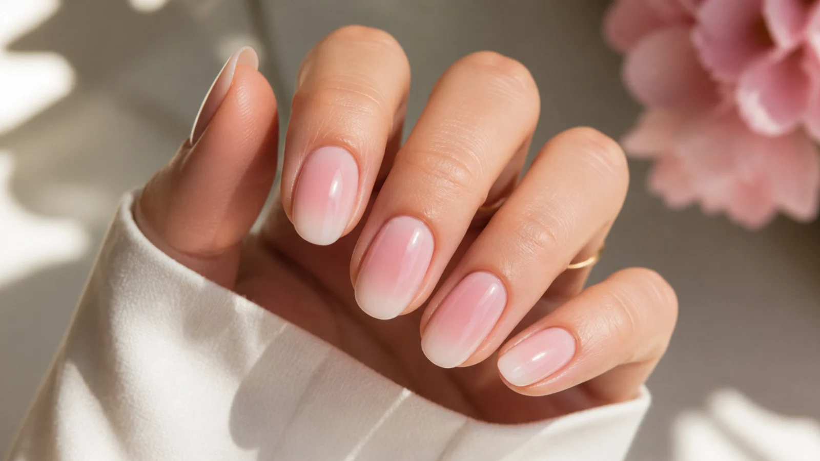 Milky pink aura nails with a barely-there rose glow under a translucent white overlay