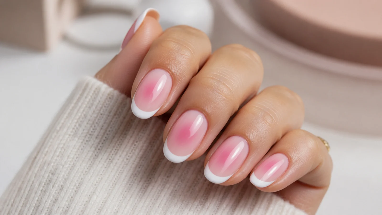 Pink aura French tip nails with a rosy halo under a crisp white smile line