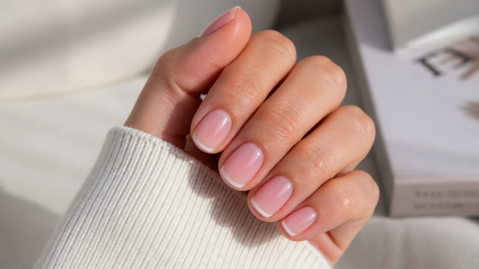 Short pink aura nails with a hairline white micro French tip along the free edge